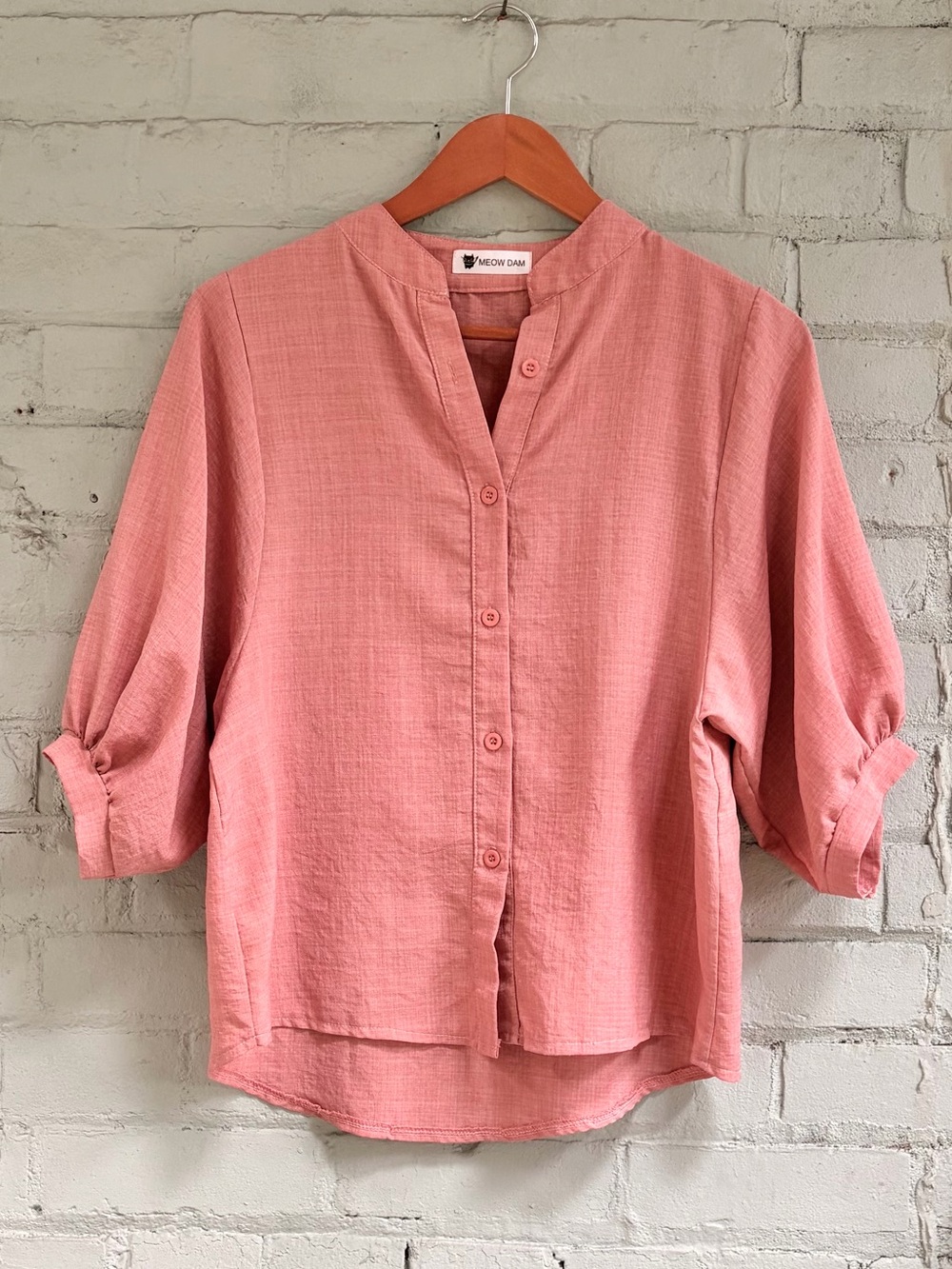 Coral Pink Button-Front Blouse with Mandarin Collar